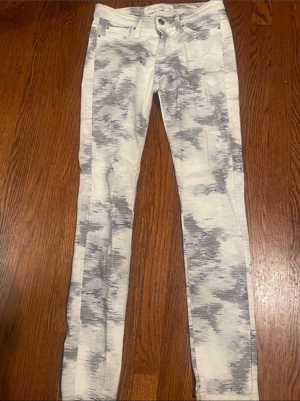 IRO White Skinny Pants with Gray Brush-Print